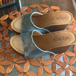 Refresh Blue Denim-Look Wedge Slide Sandals